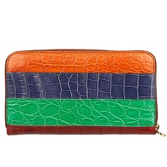 Dolce & Gabbana Striped Patchwork Crocodile Leather Zip-Around Wallet Blue Green
