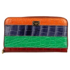 Dolce & Gabbana Striped Patchwork Crocodile Leather Zip-Around Wallet Blue Green