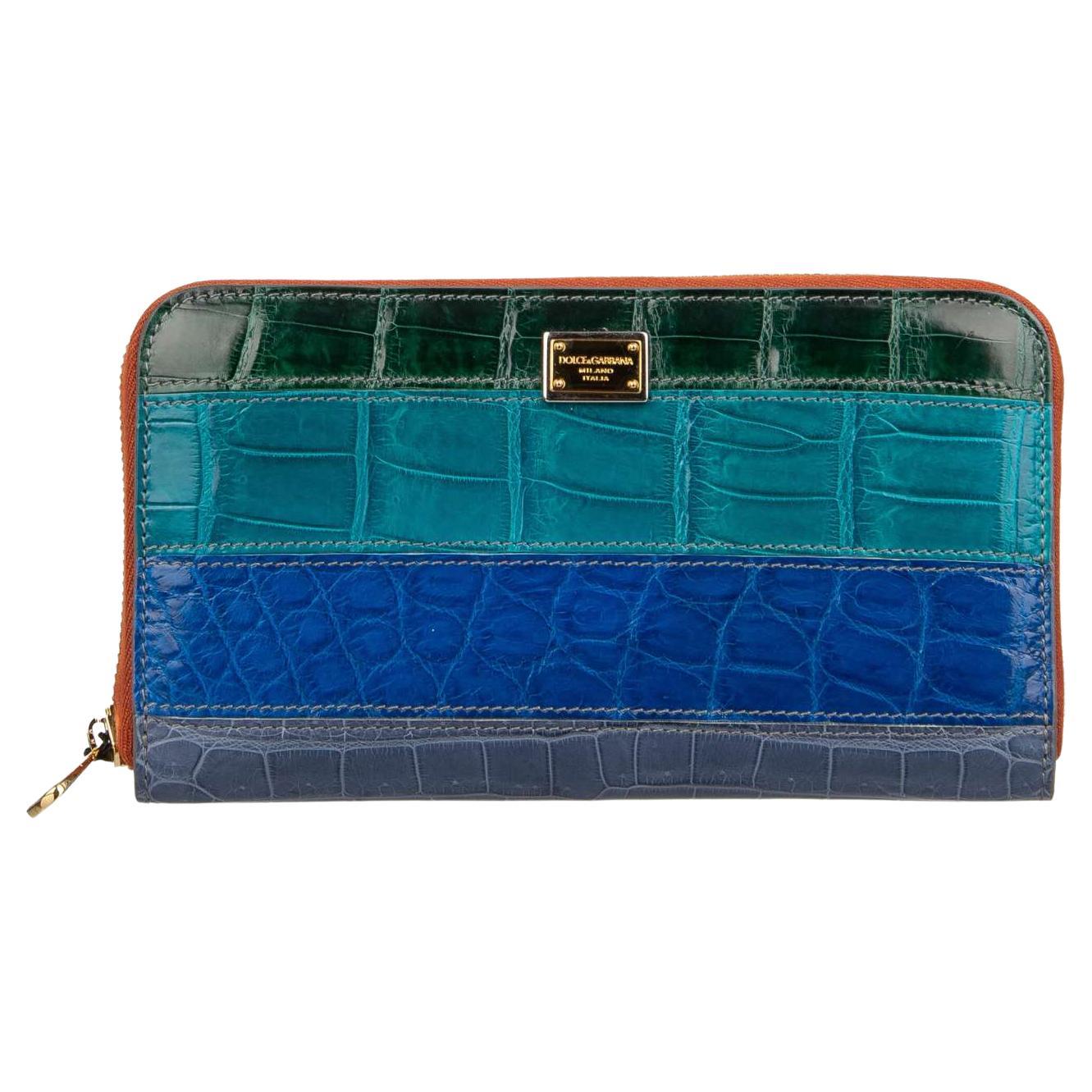 Dolce & Gabbana Striped Patchwork Crocodile Leather Zip-Around Wallet Blue Green For Sale