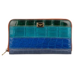 Dolce & Gabbana Striped Patchwork Crocodile Leather Zip-Around Wallet Blue Green