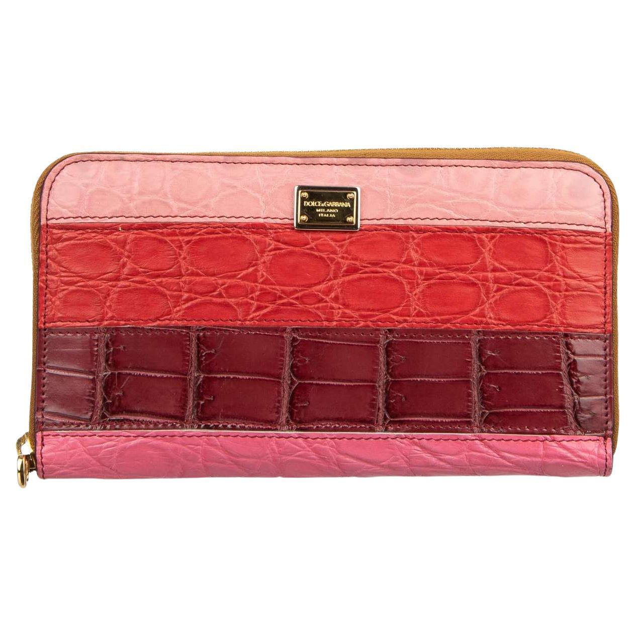 Dolce & Gabbana Striped Patchwork Crocodile Leather Zip-Around Wallet Red Pink For Sale