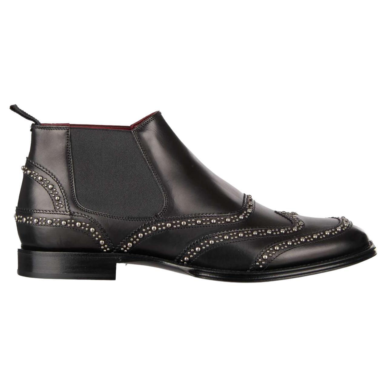 Dolce & Gabbana Studded Leather Ankle Boots Shoes MARSALA Black EUR 41.5 For Sale