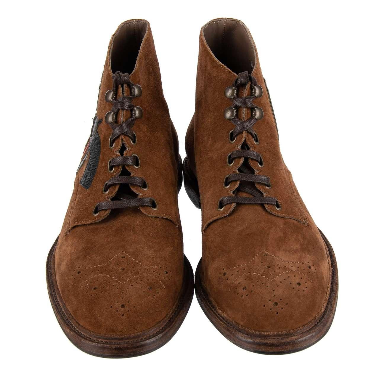 Men's Dolce & Gabbana Suede Brogue Boots with Pistols Embroidery MARSALA Brown EUR 42 For Sale