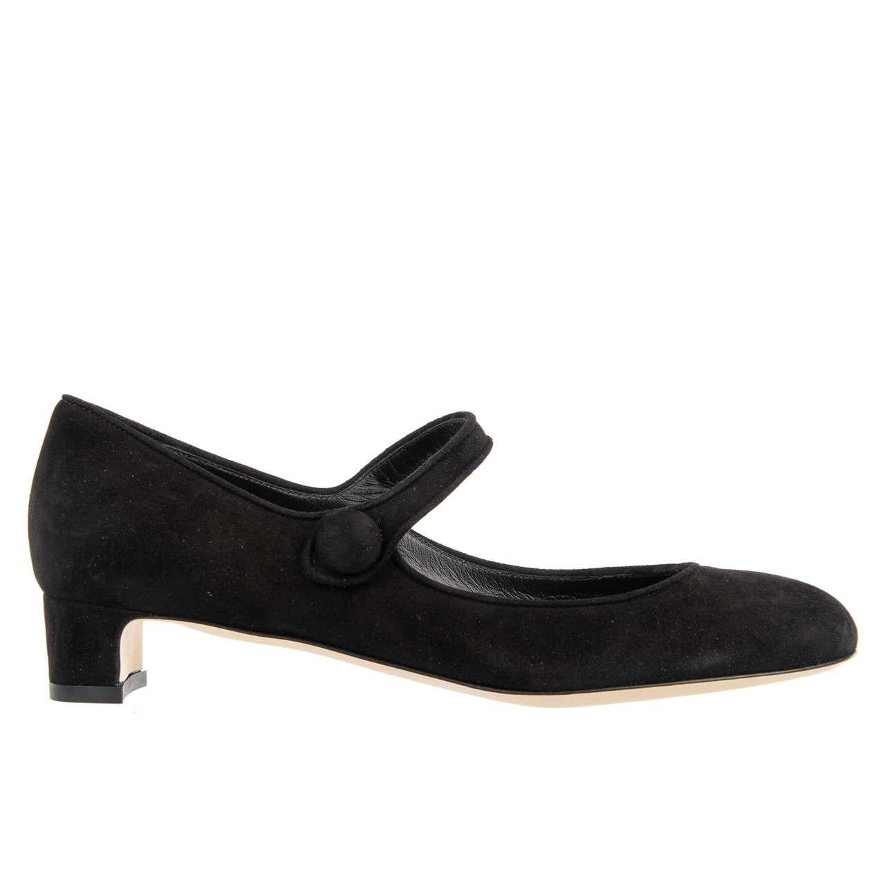 - Suede leather Mary Jane Pumps VALLY in black by DOLCE & GABBANA - New with Box - MADE IN ITALY - With elastic button strap - Model: CD1186-B1275-80999 - Material: 100% Goat leather - Inner Material: leather - Sole: Leather - Color: Black - Heel