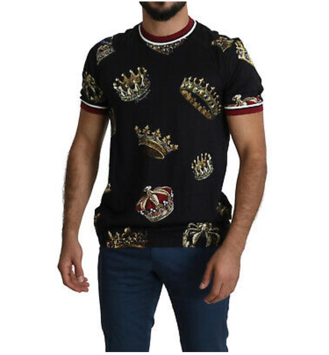 Dolce & Gabbana T-shirt Black Cotton Jersey Crown Print Men Top 3