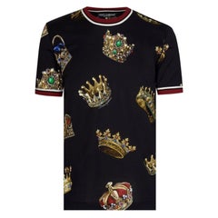 Dolce & Gabbana T-Shirt Schwarzer Baumwolljersey Kronendruck Herrenoberteil