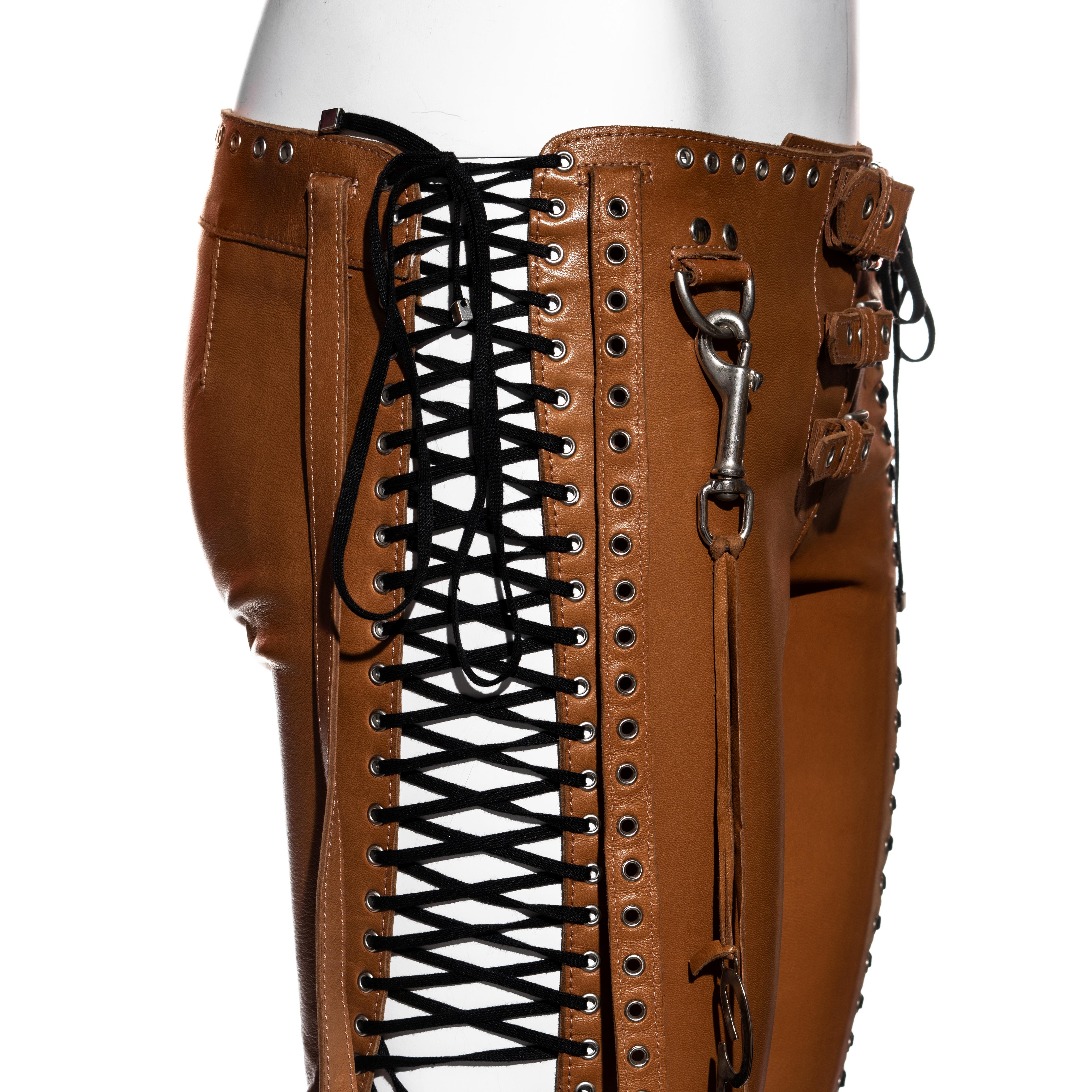 Brown Dolce & Gabbana tan lace up leather pants, ss 2003 For Sale