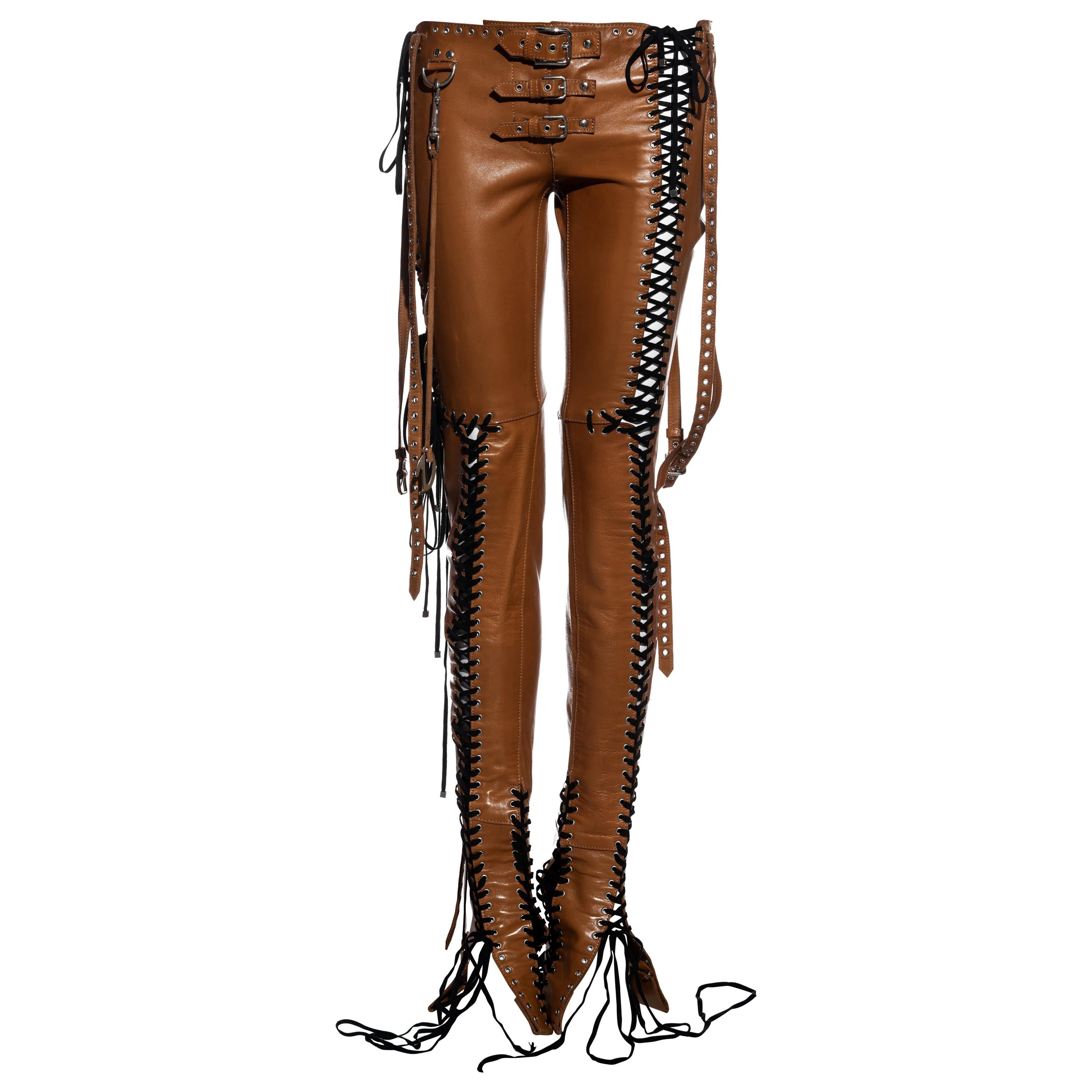 Dolce & Gabbana tan lace up leather pants, ss 2003 For Sale