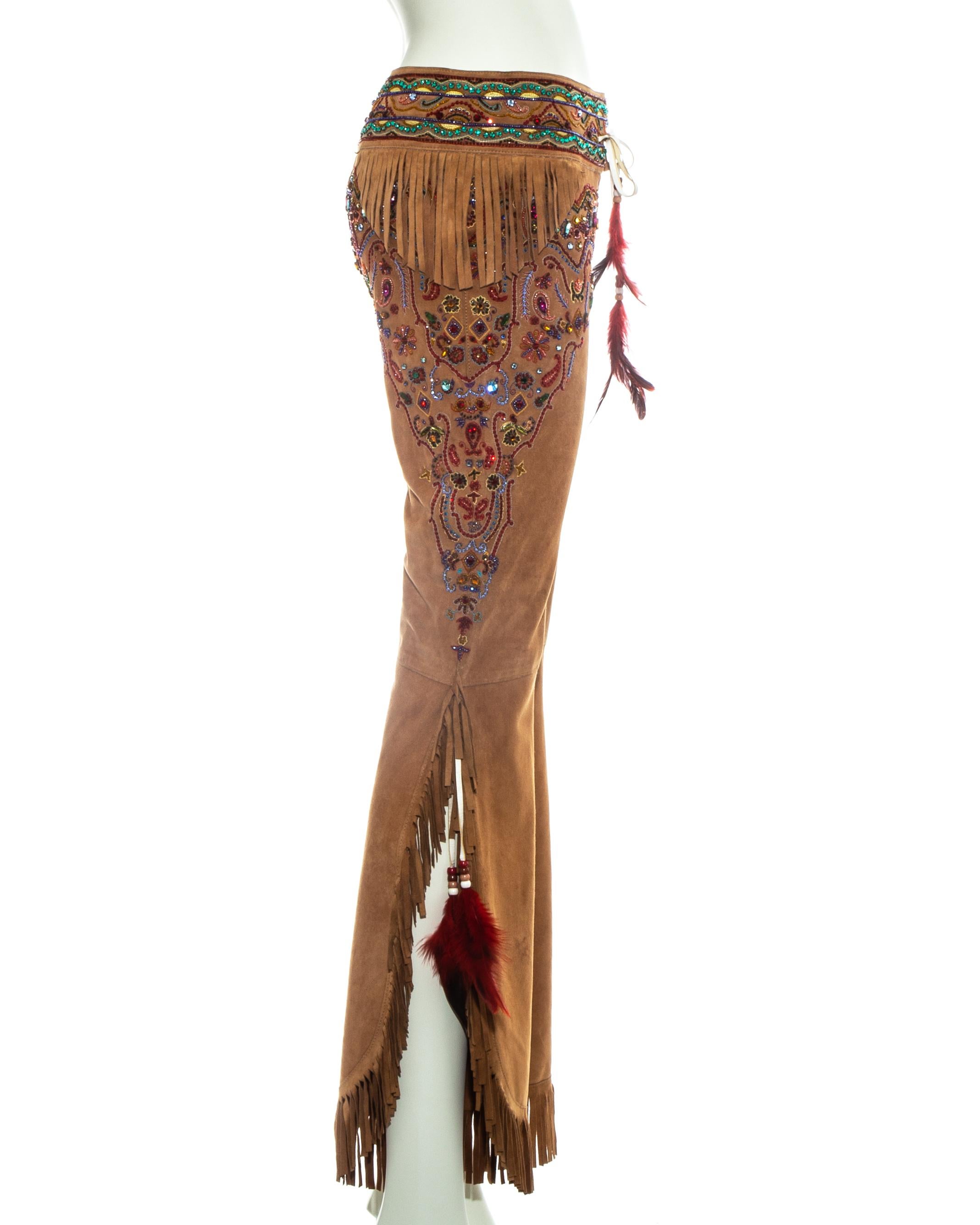 Brown Dolce & Gabbana tan leather fringed embellished pants, ss 2001