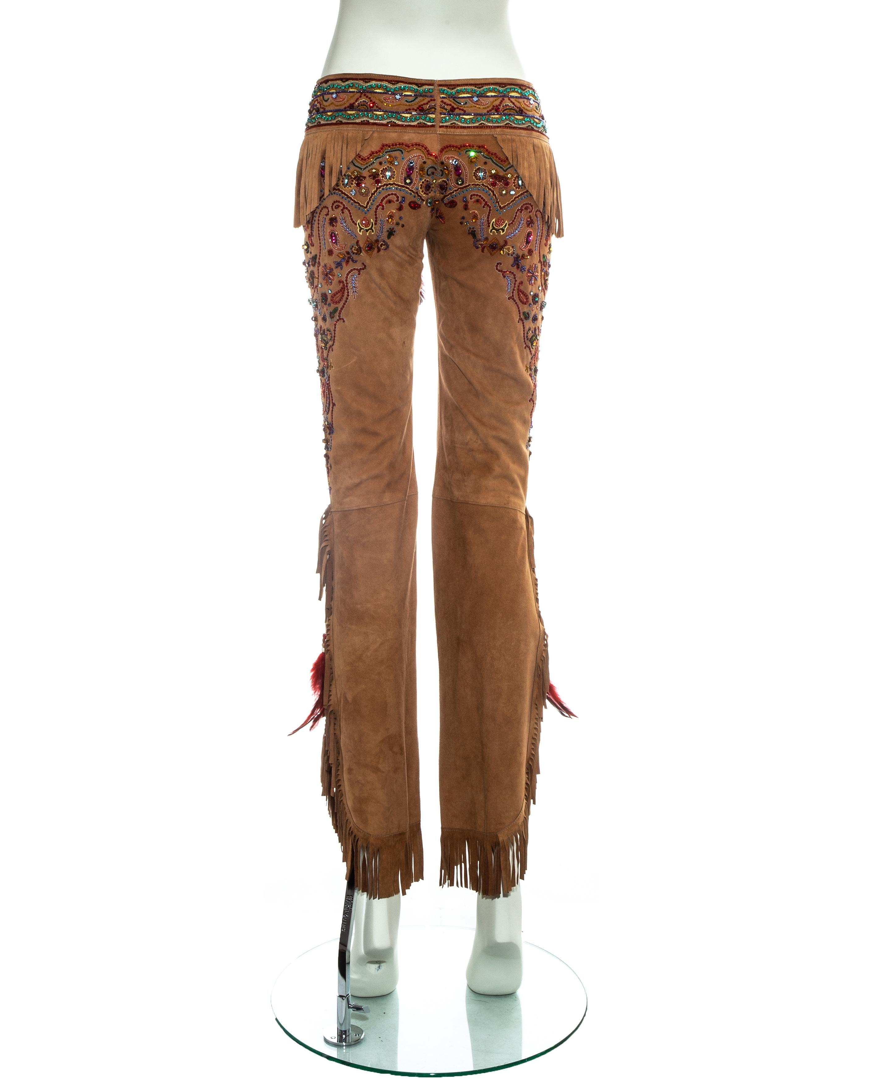 Women's Dolce & Gabbana tan leather fringed embellished pants, ss 2001