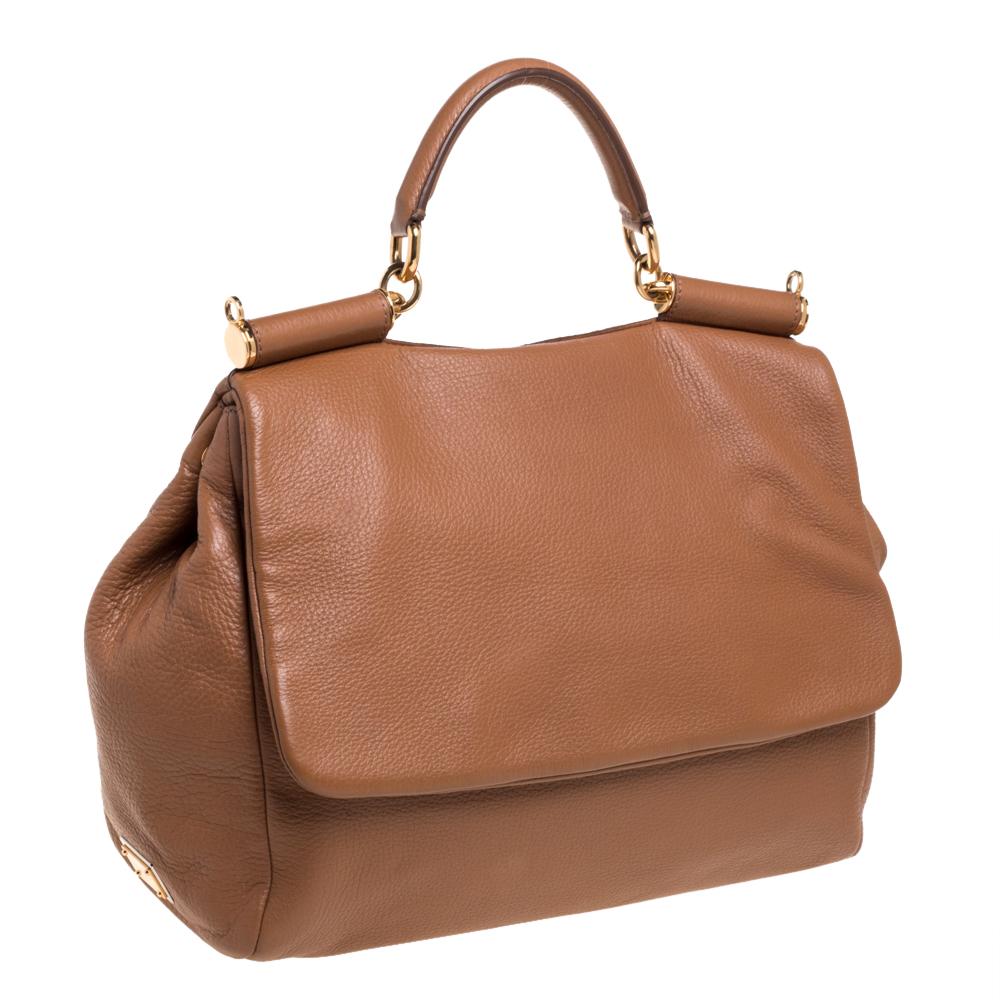 Brown Dolce & Gabbana Tan Leather Soft Miss Sicily Top Handle Bag