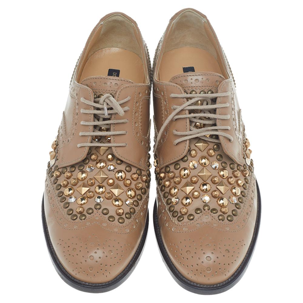 Brown Dolce & Gabbana Tan Studded Brogue Leather Derby Shoes Size 38