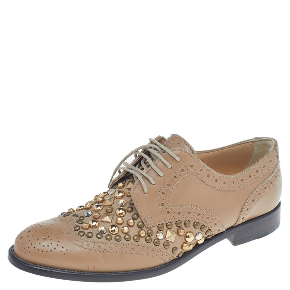 Dolce & Gabbana Tan Studded Brogue Leather Derby Shoes Size 38 3
