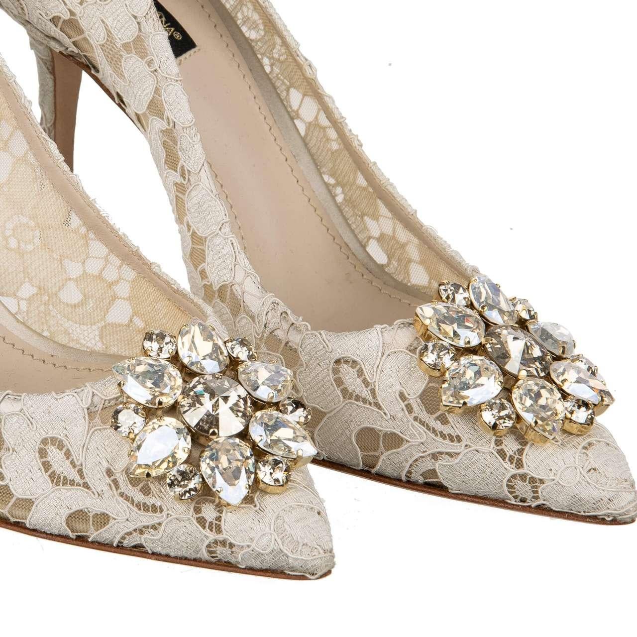 - Taormina lace pointed Pumps BELLUCCI with crystals brooch in beige by DOLCE & GABBANA - New with Box - MADE IN ITALY - Former RRP: EUR 695 - Crystals brooch in front - Model: CD0101-AL198-80005 - Material: 59% Rayon, 30% Cotton, 7% Silk, 4%