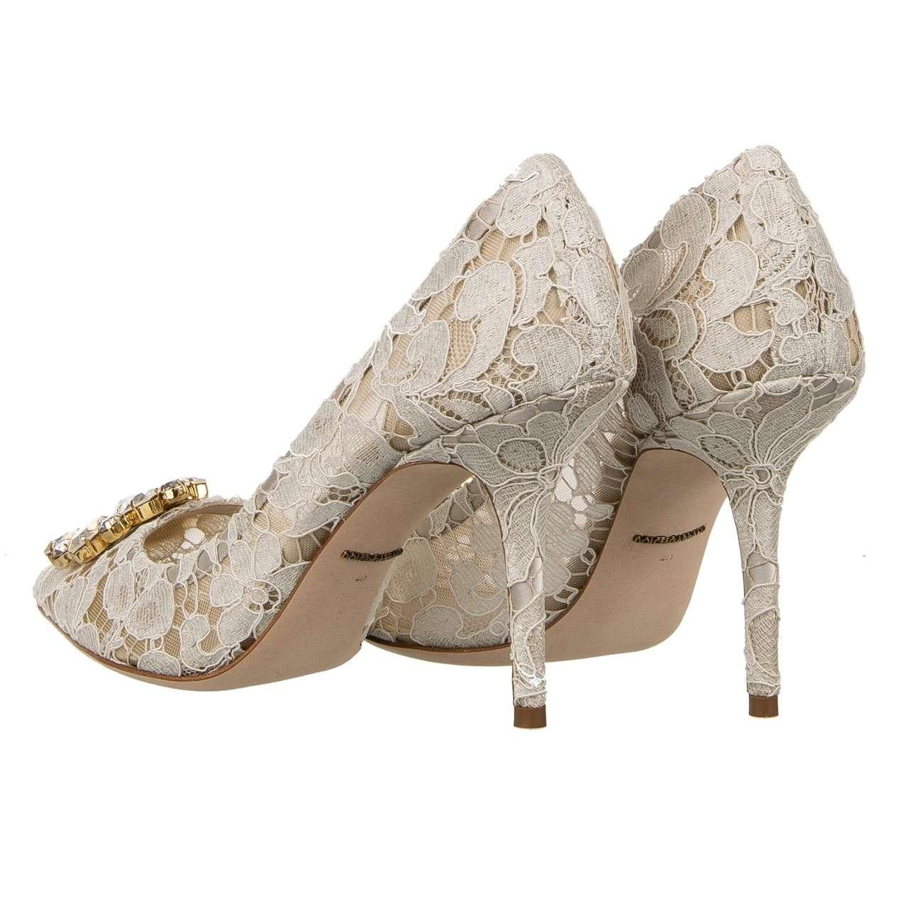 Dolce & Gabbana Taormina Lace Pumps BELLUCCI with Crystal Brooch Beige EUR 39 For Sale 1