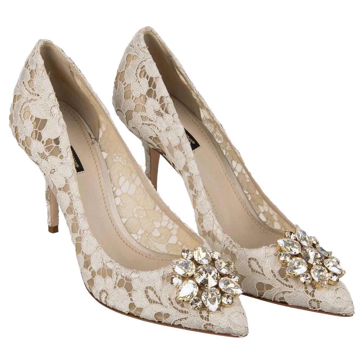 Dolce & Gabbana Taormina Lace Pumps BELLUCCI with Crystal Brooch Beige EUR 39 For Sale