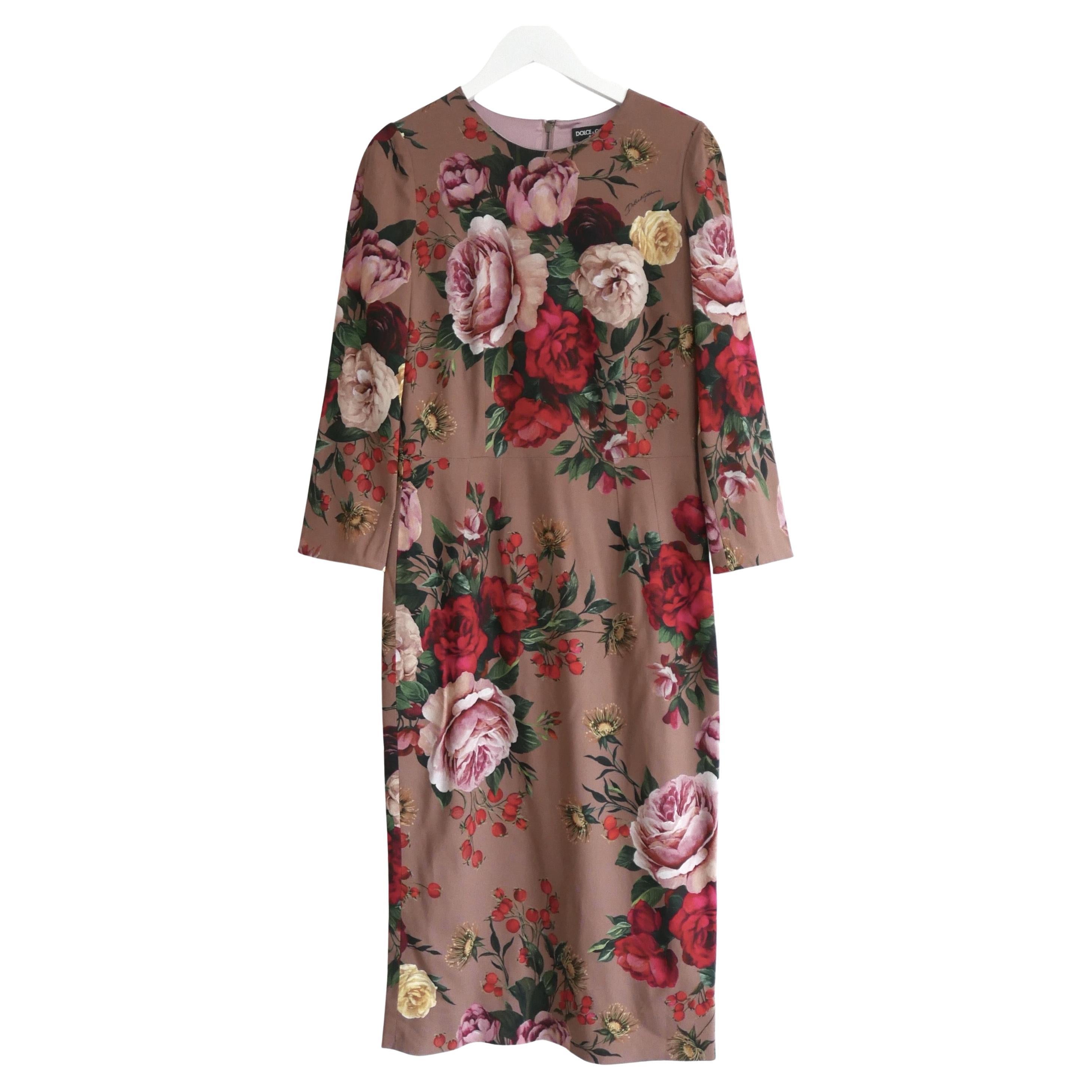 Dolce & Gabbana Taupe Rose Bouquet Print Dress