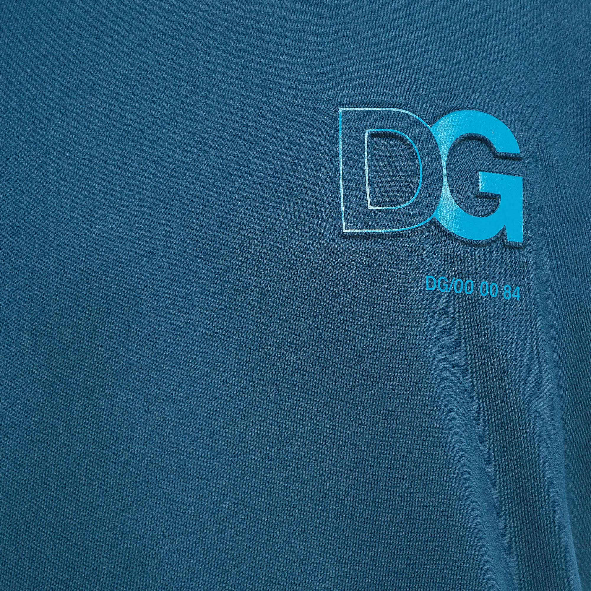 Dolce & Gabbana Teal Blue Logo Embossed Cotton Crew Neck T-Shirt S In Excellent Condition In Dubai, Al Qouz 2