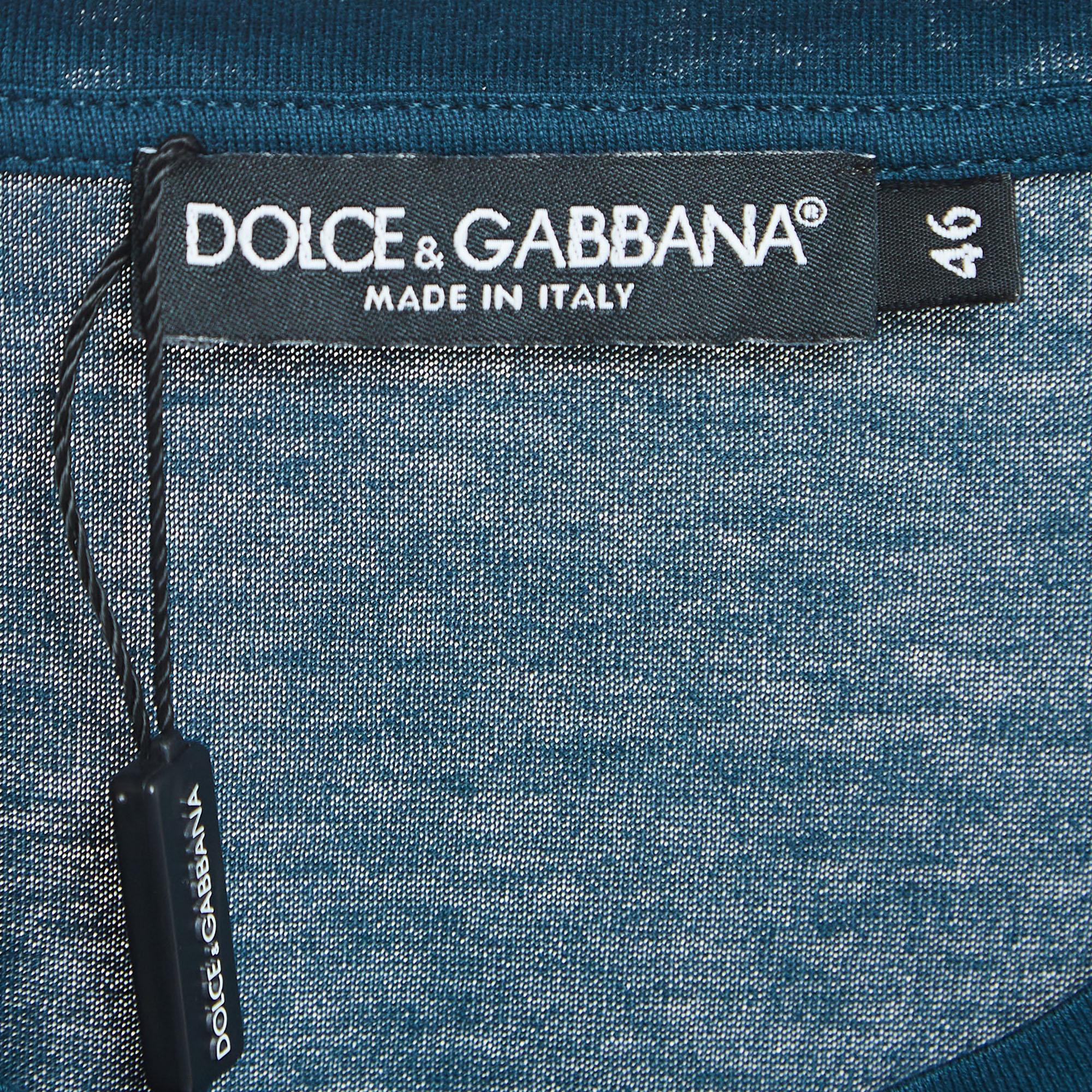 Men's Dolce & Gabbana Teal Blue Logo Embossed Cotton Crew Neck T-Shirt S