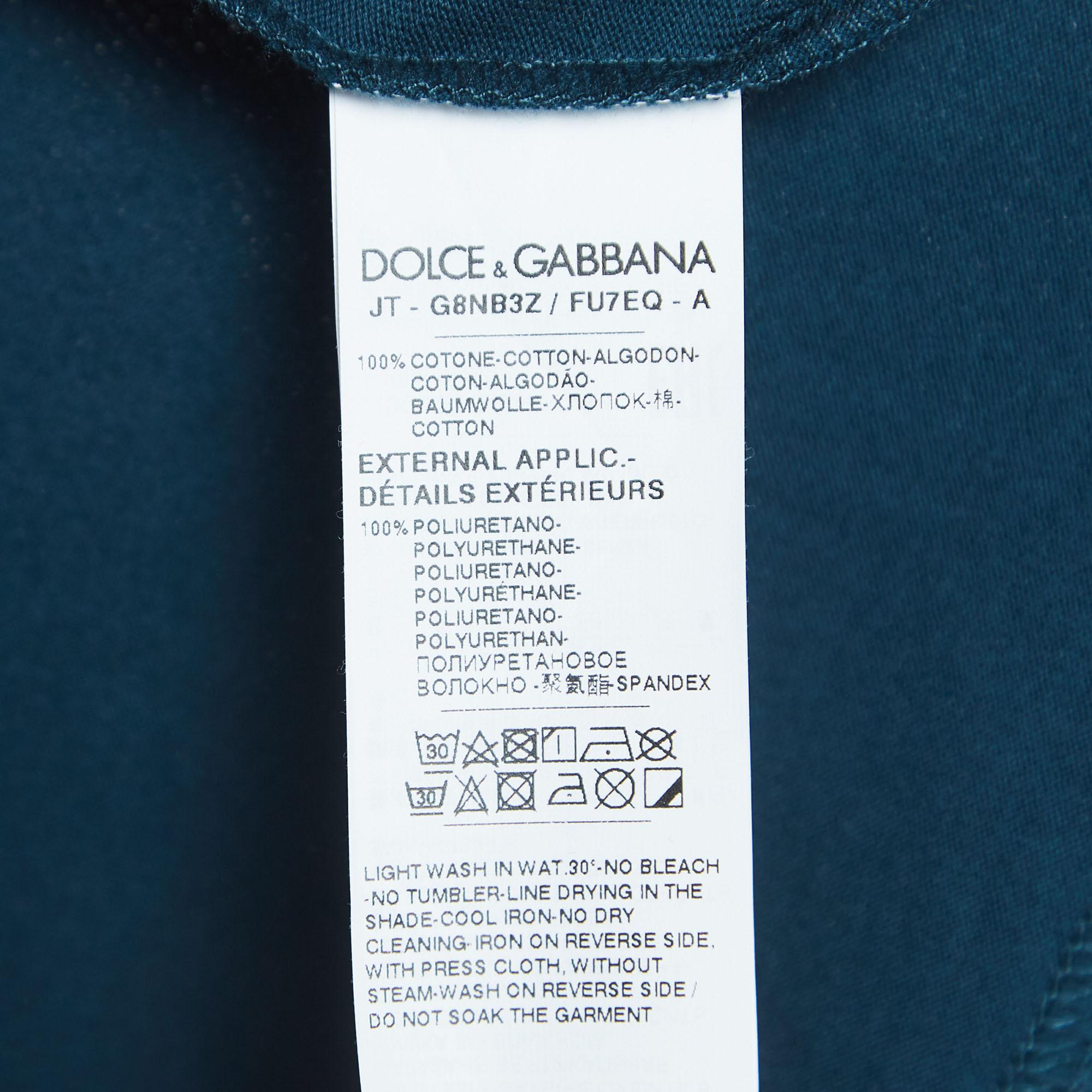 Dolce & Gabbana Teal Blue Logo Embossed Cotton Crew Neck T-Shirt S 1