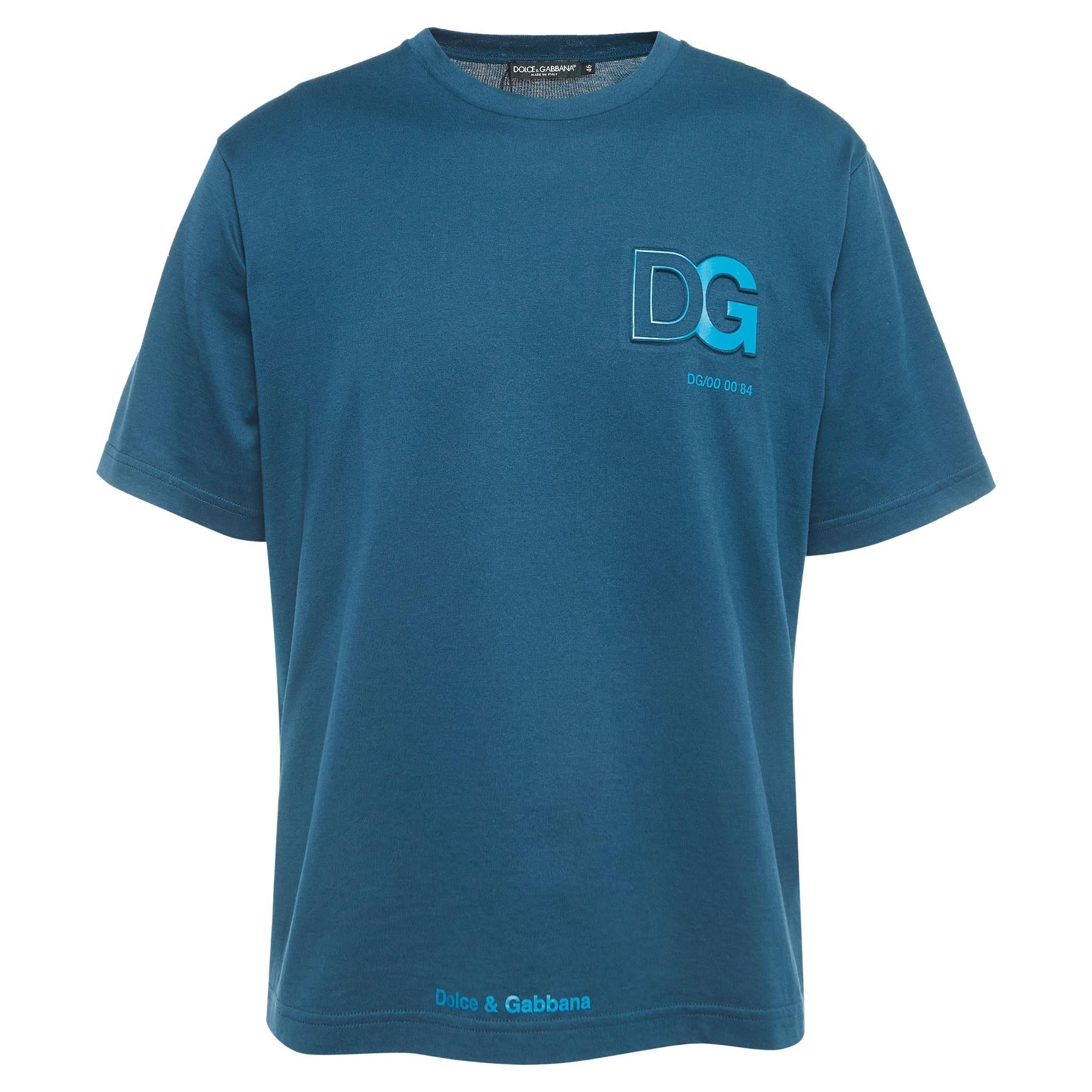 Dolce & Gabbana Teal Blue Logo Embossed Cotton Crew Neck T-Shirt S