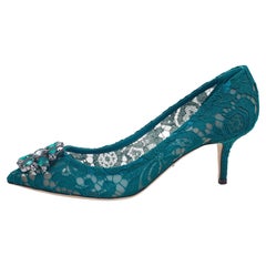 Dolce & Gabbana Teal Green Taormina Lace Crystal Embellished Pumps Size EU 40