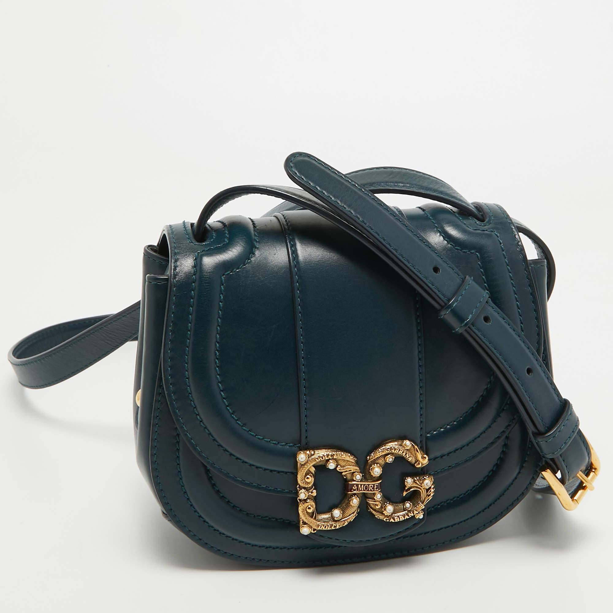 Dolce & Gabbana Teal Leather Amore Crossbody Bag In Good Condition In Dubai, Al Qouz 2