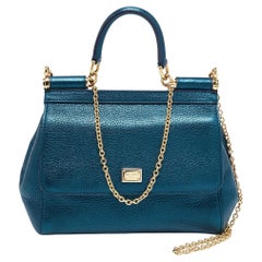 Dolce & Gabbana Teal Leather Small Miss Sicily Top Handle Bag