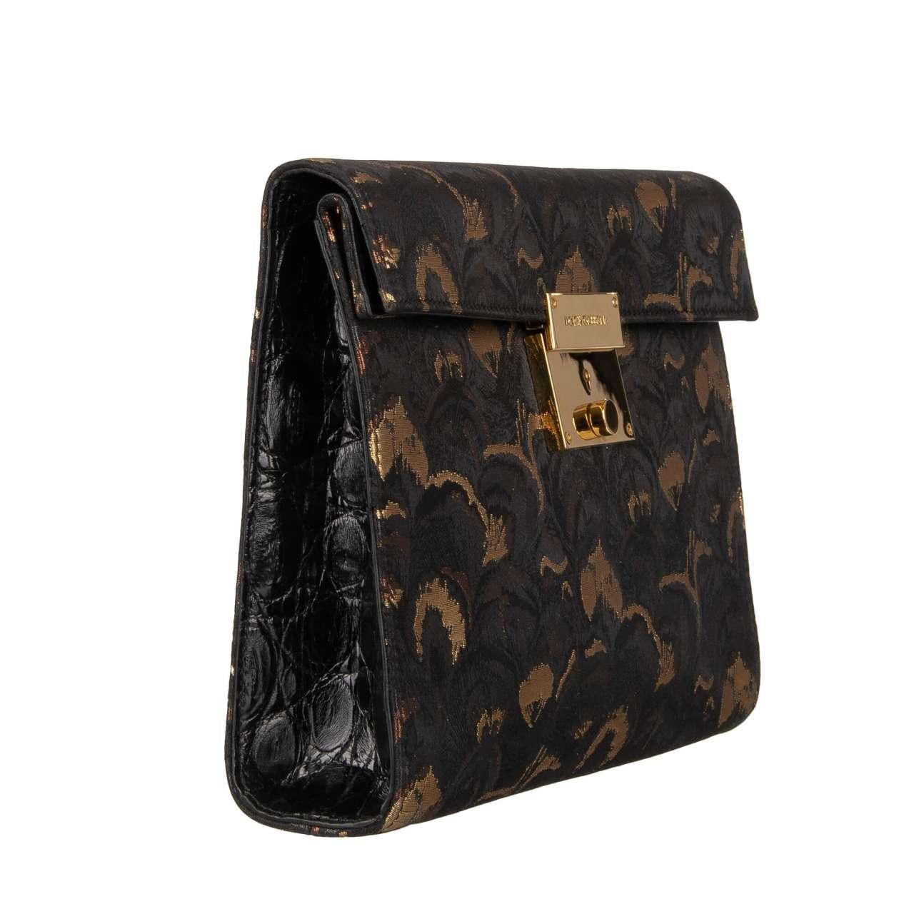 Dolce & Gabbana Textured Lurex and Caiman Leather Briefcase Bag Black Gold In Excellent Condition For Sale In Erkrath, DE