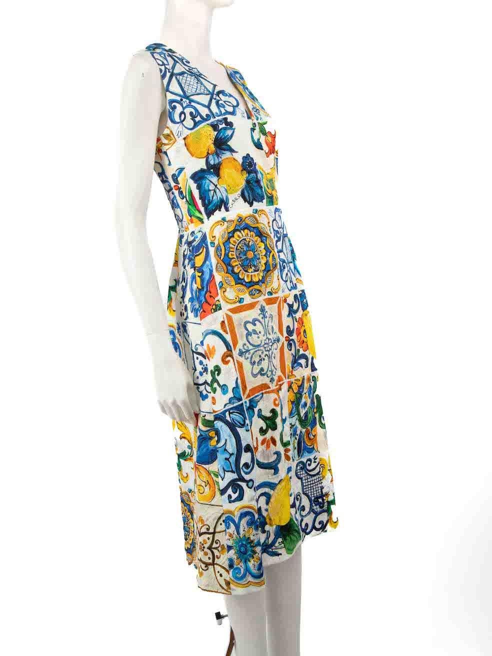 CONDITION is Never worn, with tags. No visible wear to dress is evident on this new Dolce & Gabbana designer resale item.
 
 
 
 Details
 
 
 Multicolour
 
 Cotton
 
 Midi dress
 
 Tile print pattern
 
 V neckline
 
 Sleeveless
 
 Back zip closure