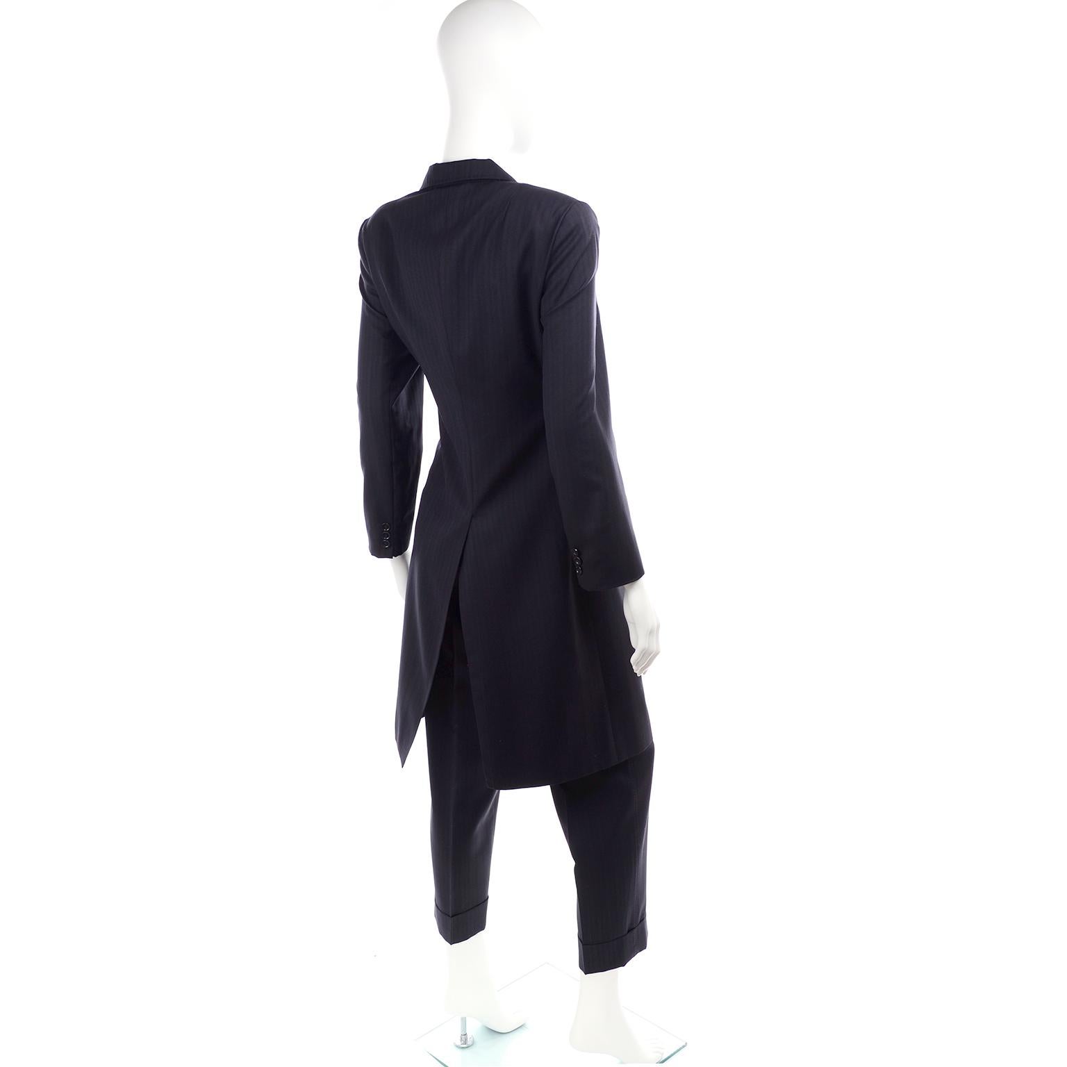 Black Dolce & Gabbana Tonal Pinstripe Cropped Trouser Suit W Long Jacket W Red Lining