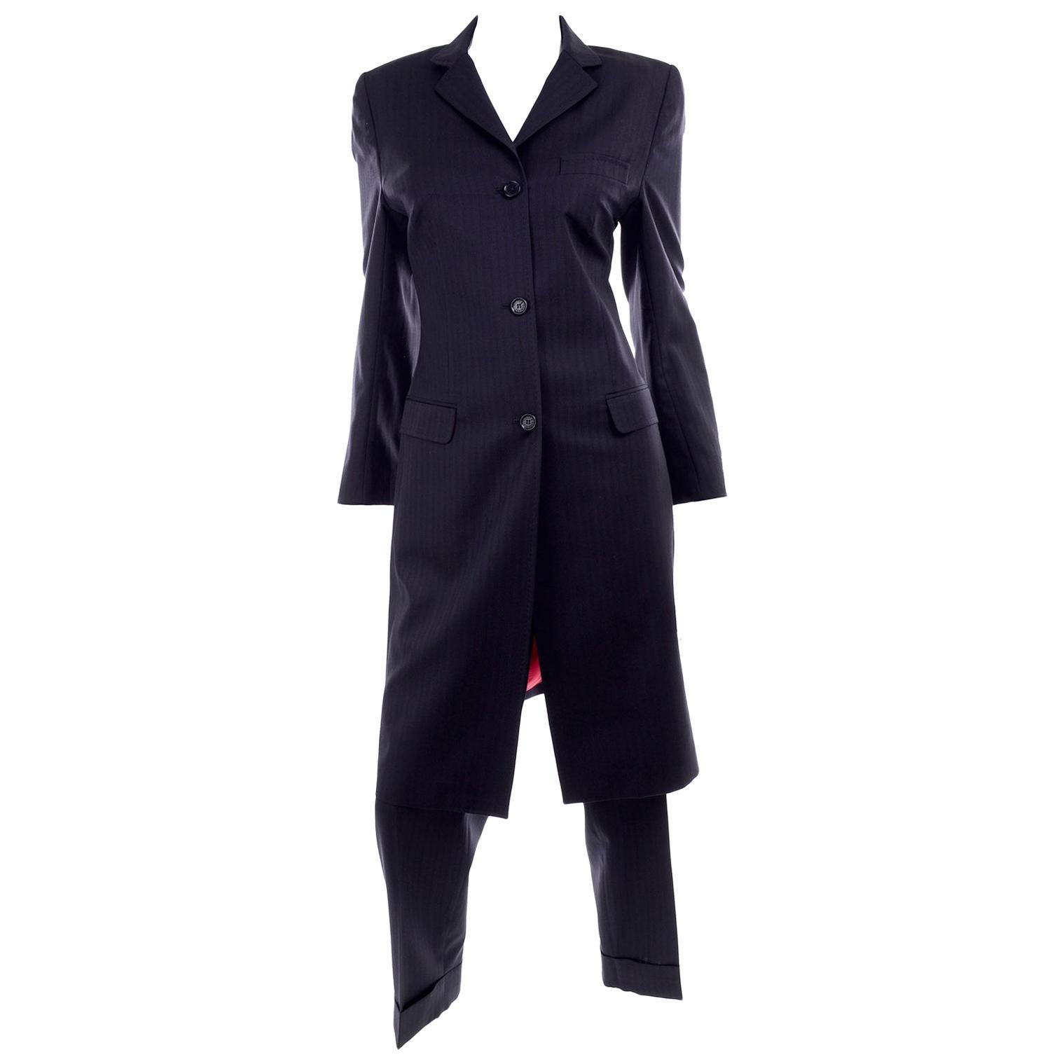 Dolce & Gabbana Tonal Pinstripe Cropped Trouser Suit W Long Jacket W Red Lining