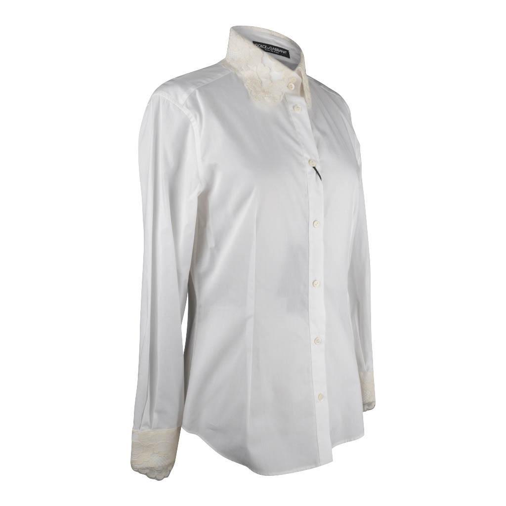Dolce & Gabbana Top White Stretch Shirt Ecru Lace Details Nwt 46 Fits 10 NWT In New Condition For Sale In Miami, FL