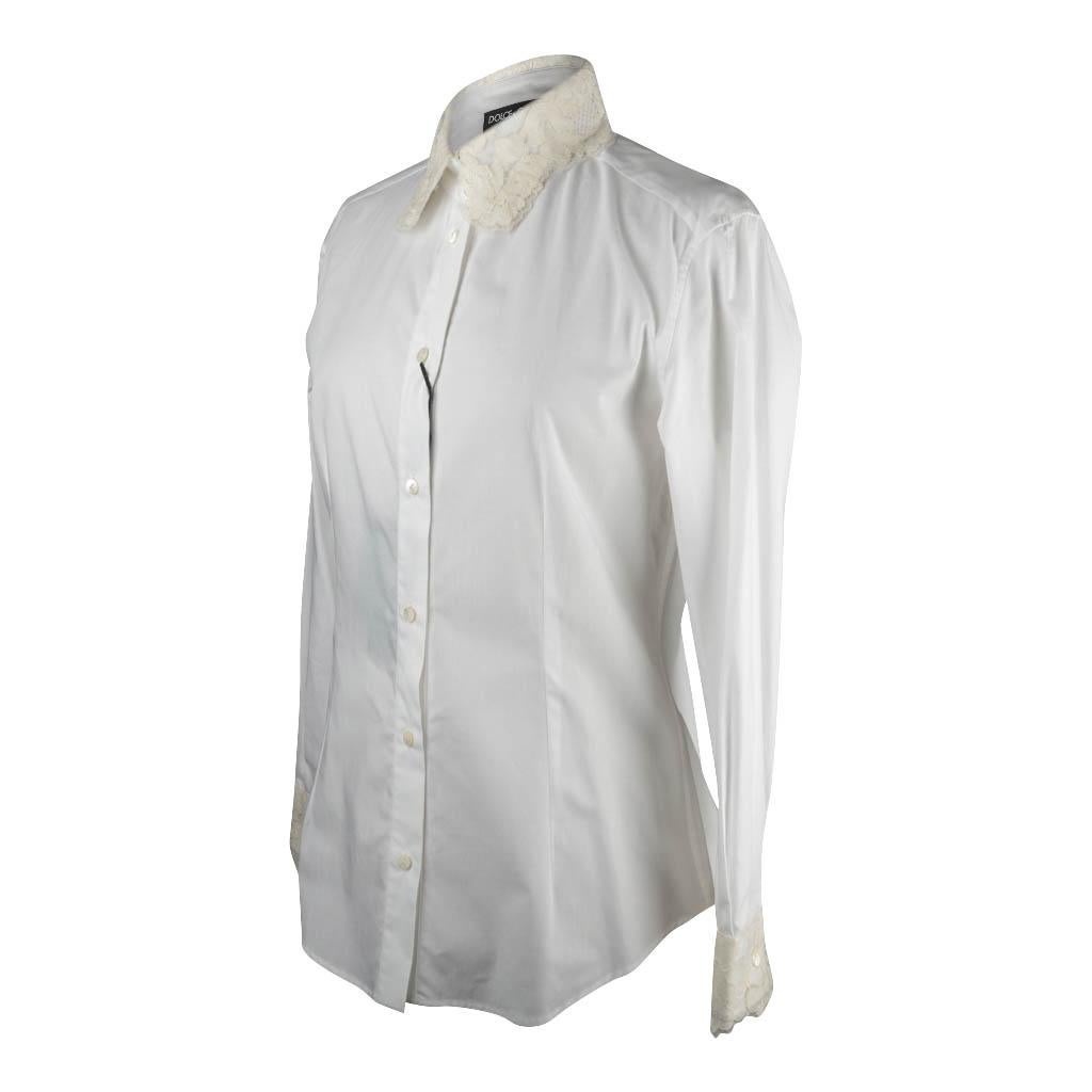 Women's Dolce & Gabbana Top White Stretch Shirt Ecru Lace Details Nwt 46 Fits 10 NWT For Sale