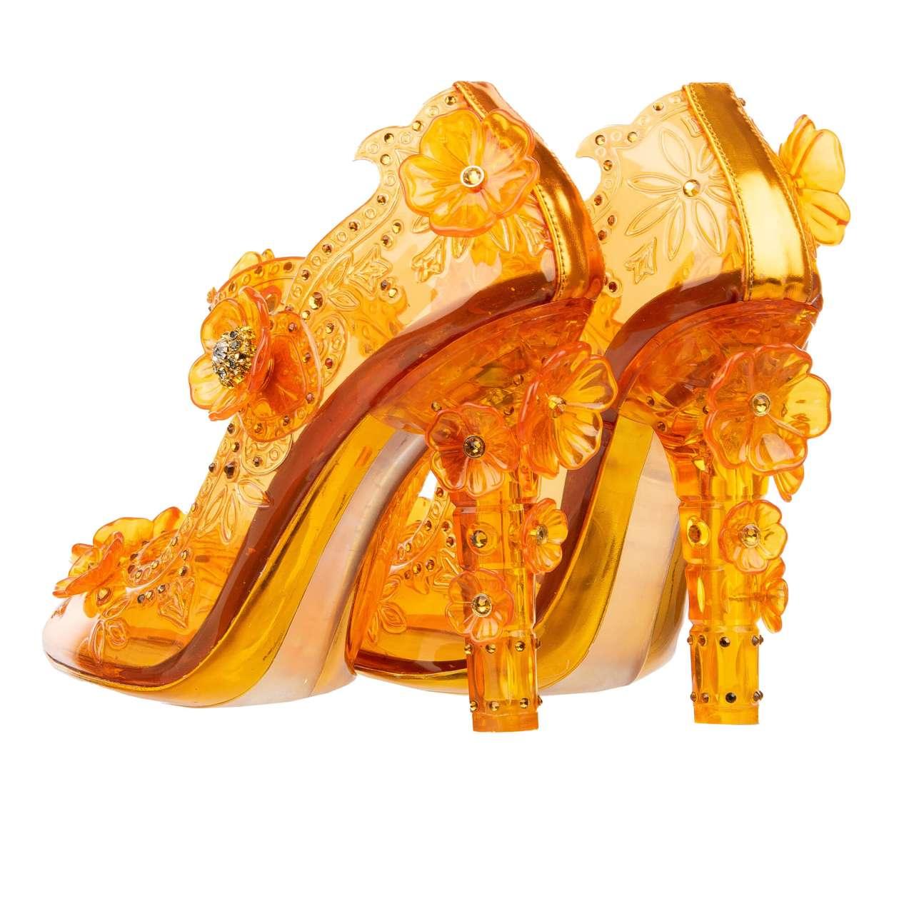 Dolce & Gabbana Transparent Cinderella PVC Crystals Flower Pumps Orange 39.9 For Sale 2