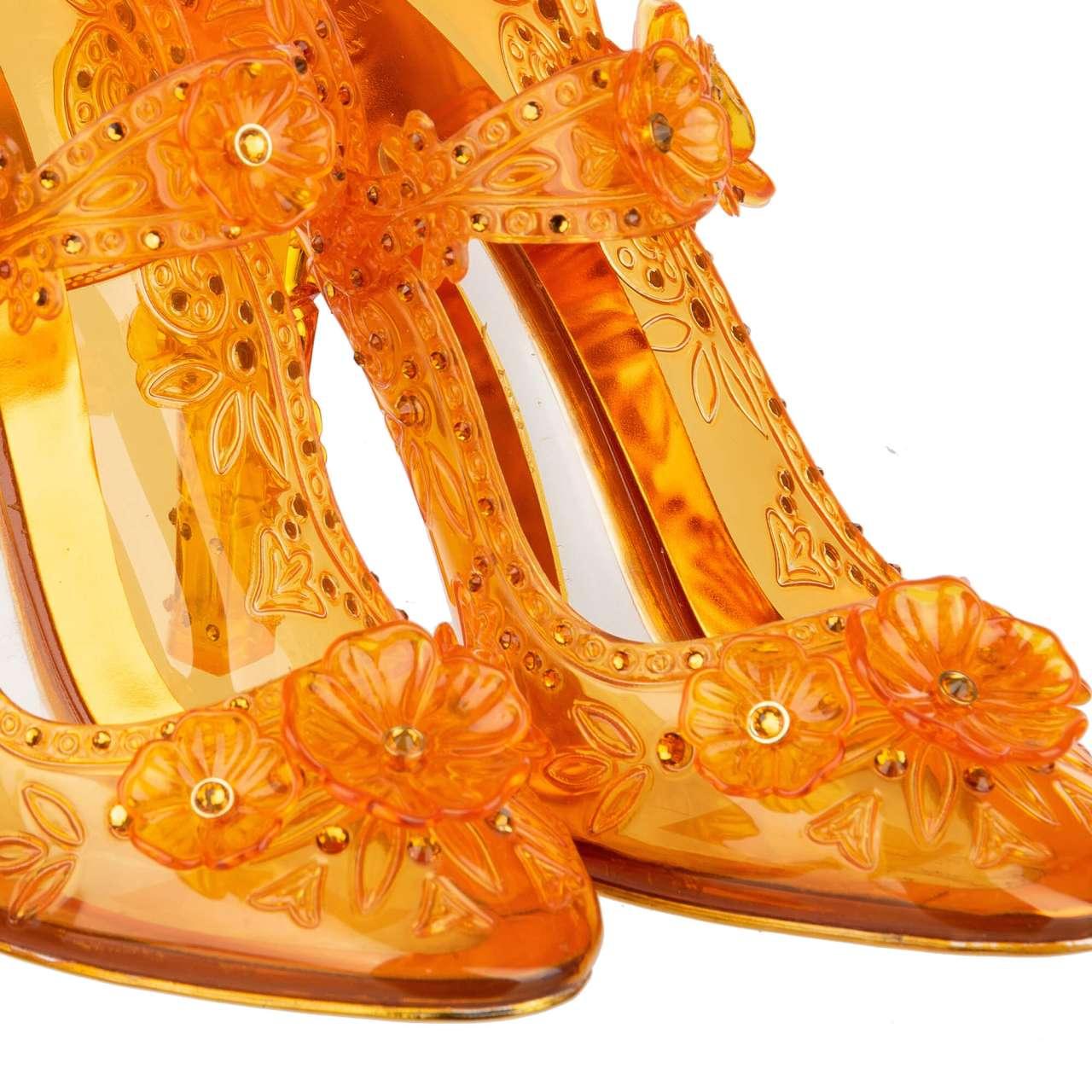 Dolce & Gabbana Transparent Cinderella PVC Crystals Flower Pumps Orange 39.9 For Sale 3