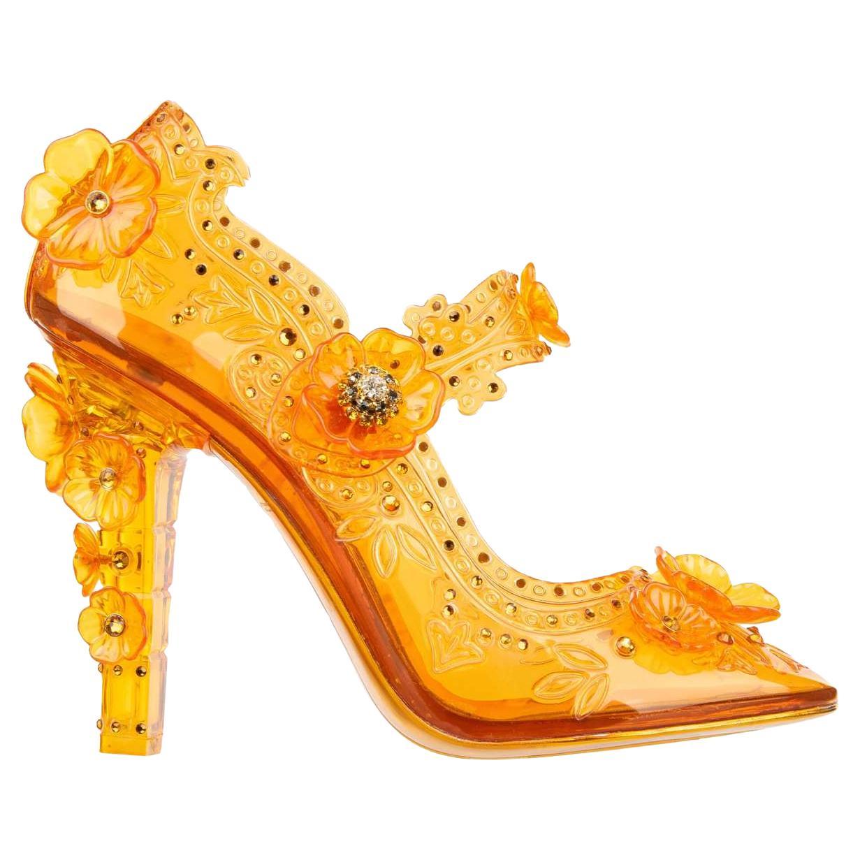 Dolce & Gabbana Transparent Cinderella PVC Crystals Flower Pumps Orange 39.9 For Sale