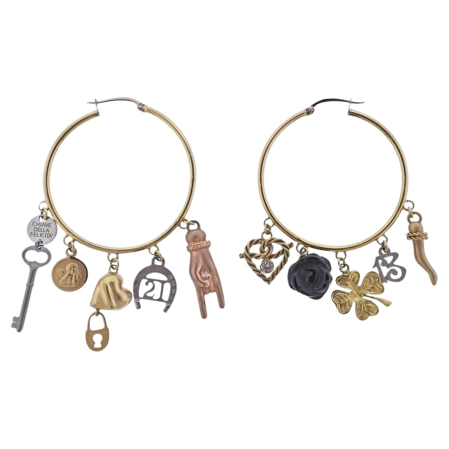 Dolce And Gabbana Tri Color Gold Diamond Good Luck Charm Hoop Earrings Dolce And Gabbana Tri Color Gold Diamond Good Luck Charm Hoop Earrings