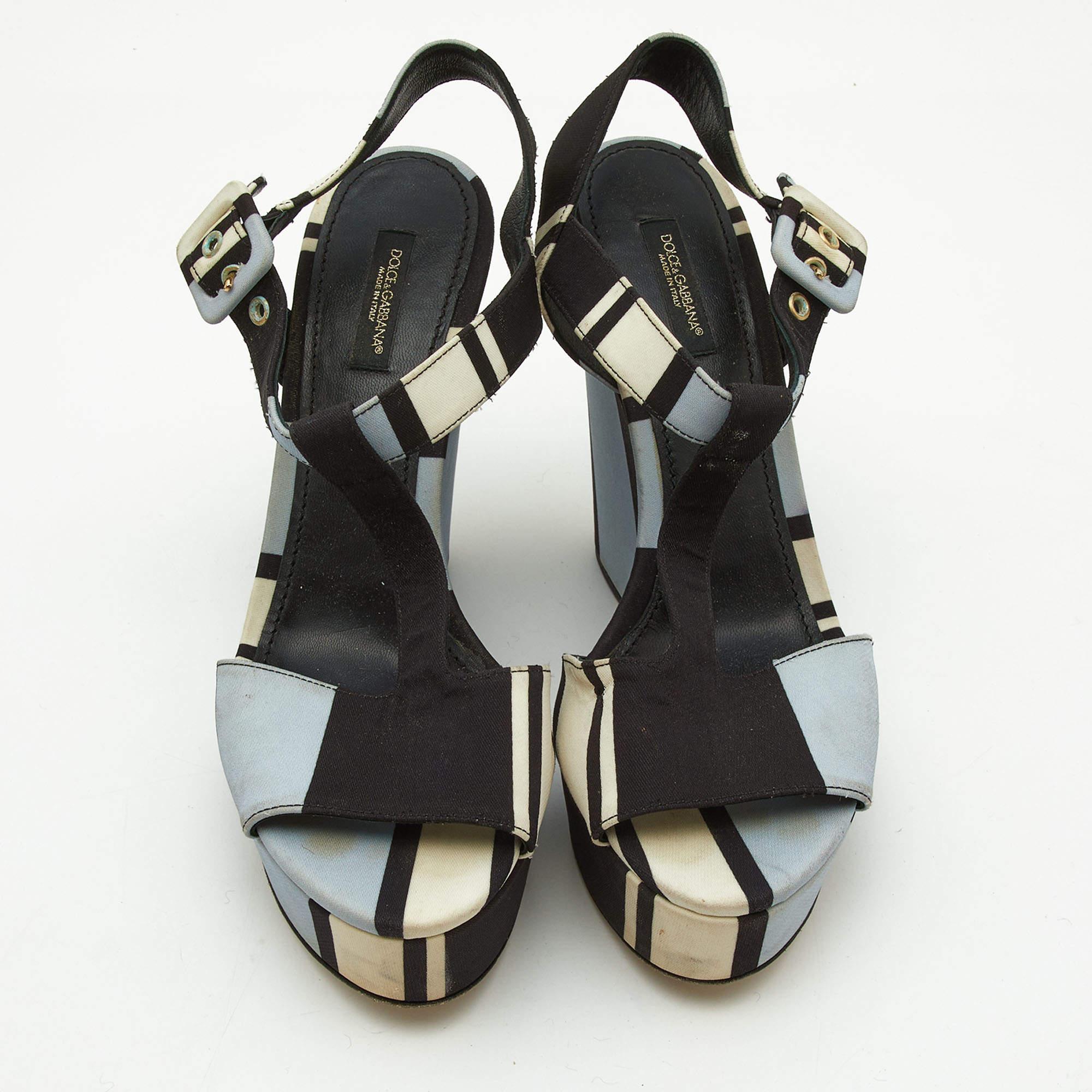 Black Dolce & Gabbana Tri Color Printed Fabric T-Strap Wedge Sandals Size 39.5