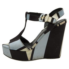 Dolce & Gabbana Tri Color Printed Fabric T-Strap Wedge Sandals Size 39.5