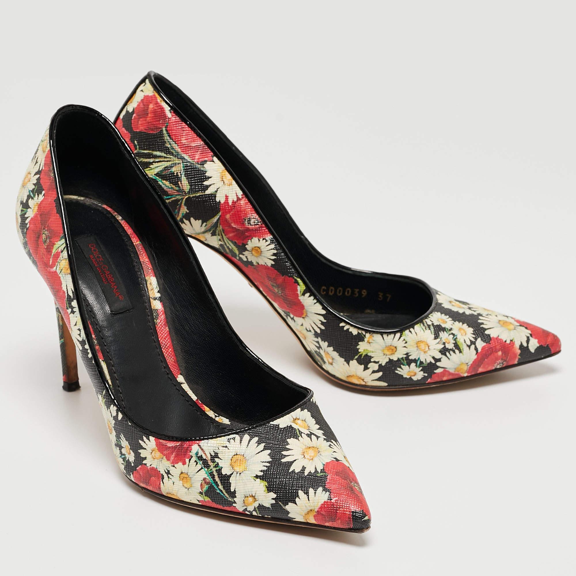 Dolce & Gabbana Tricolor Floral Print Textured Leather Pointed Toe Pumps Size 37 In Good Condition In Dubai, Al Qouz 2