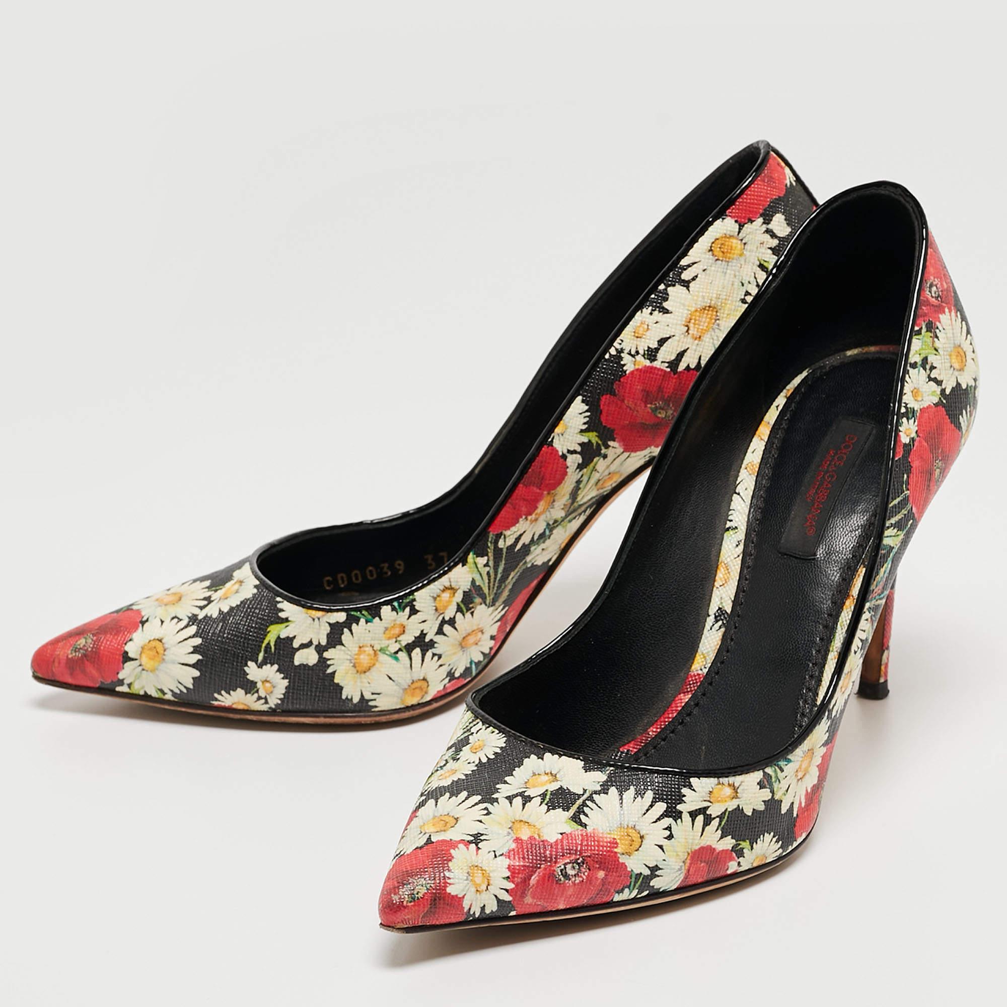 Women's Dolce & Gabbana Tricolor Floral Print Textured Leather Pointed Toe Pumps Size 37