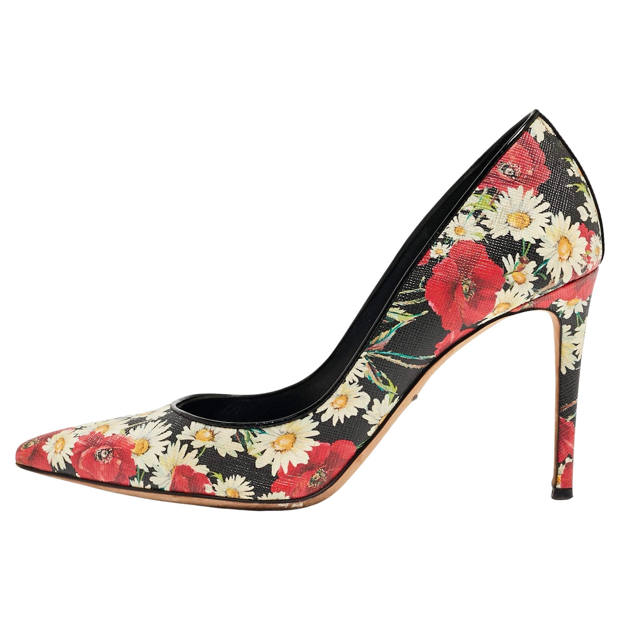 Dolce & Gabbana Tricolor Floral Print Textured Leather Pointed Toe Pumps Size 37
