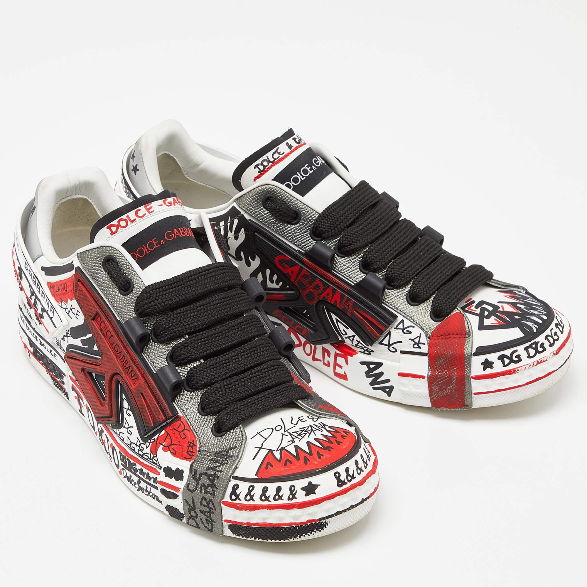 Dolce & Gabbana Tricolor Leather Graffiti Print Portofino Sneakers Size 43 1