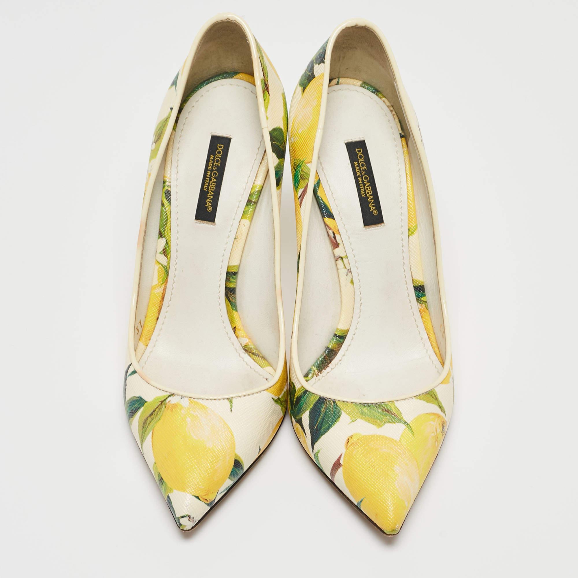 Women's Dolce & Gabbana Tricolor Lemon Print Textured Leather Pointed Toe Pumps Size 37