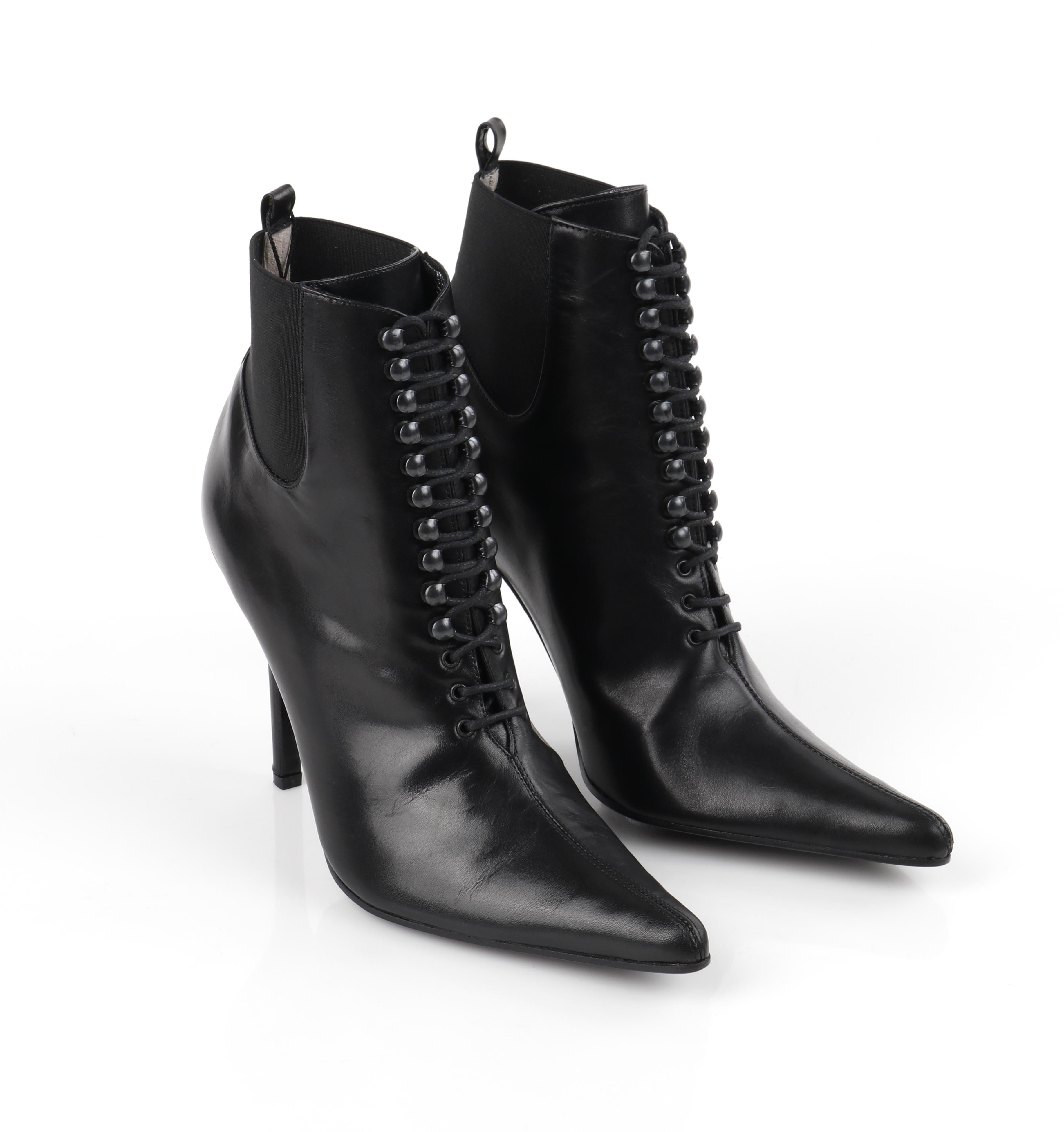 Women's DOLCE & GABBANA “Tronchetto” Black Leather Lace Up Pointed Toe Booties Heels 
