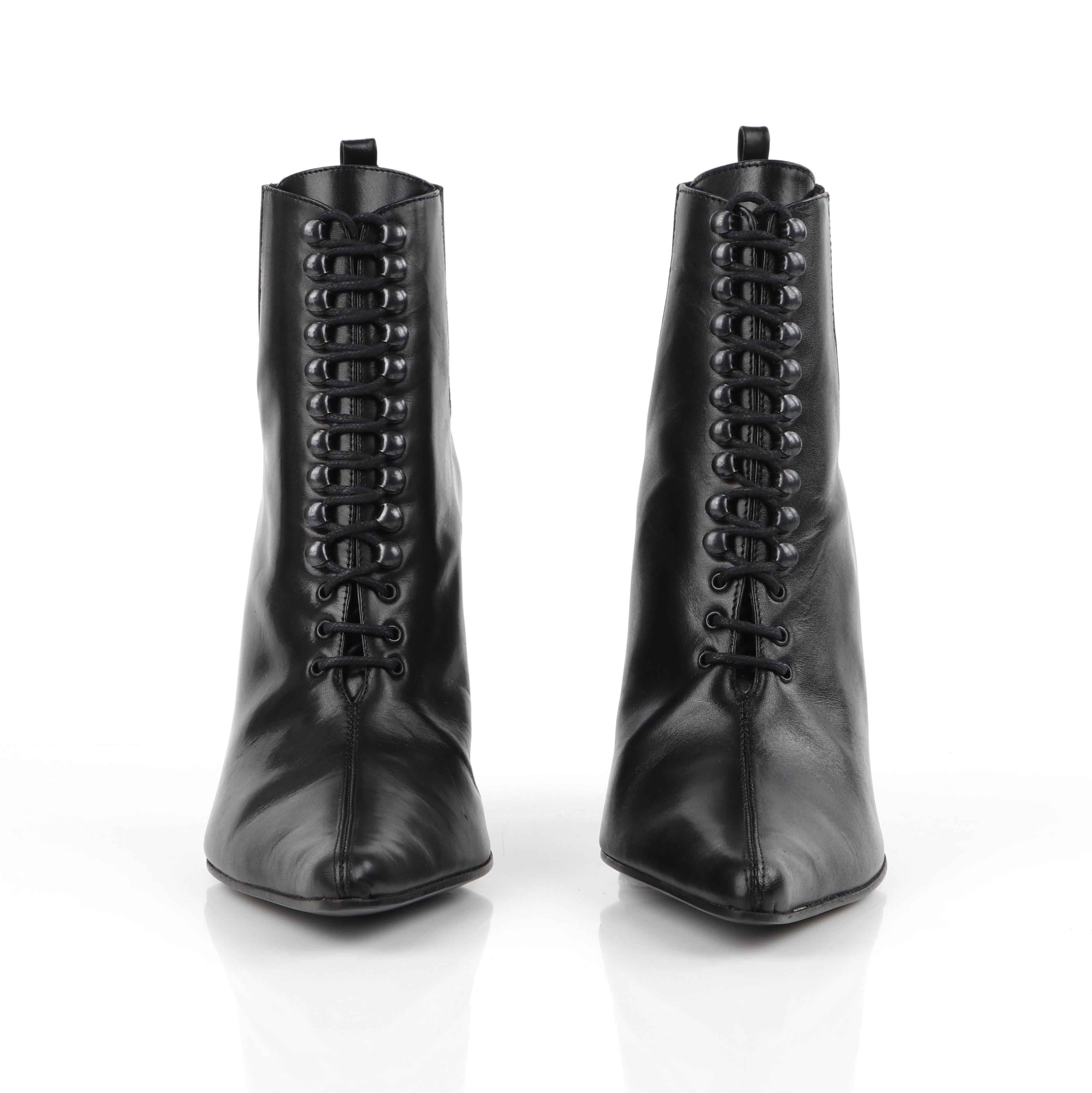 DOLCE & GABBANA “Tronchetto” Black Leather Lace Up Pointed Toe Booties Heels  1