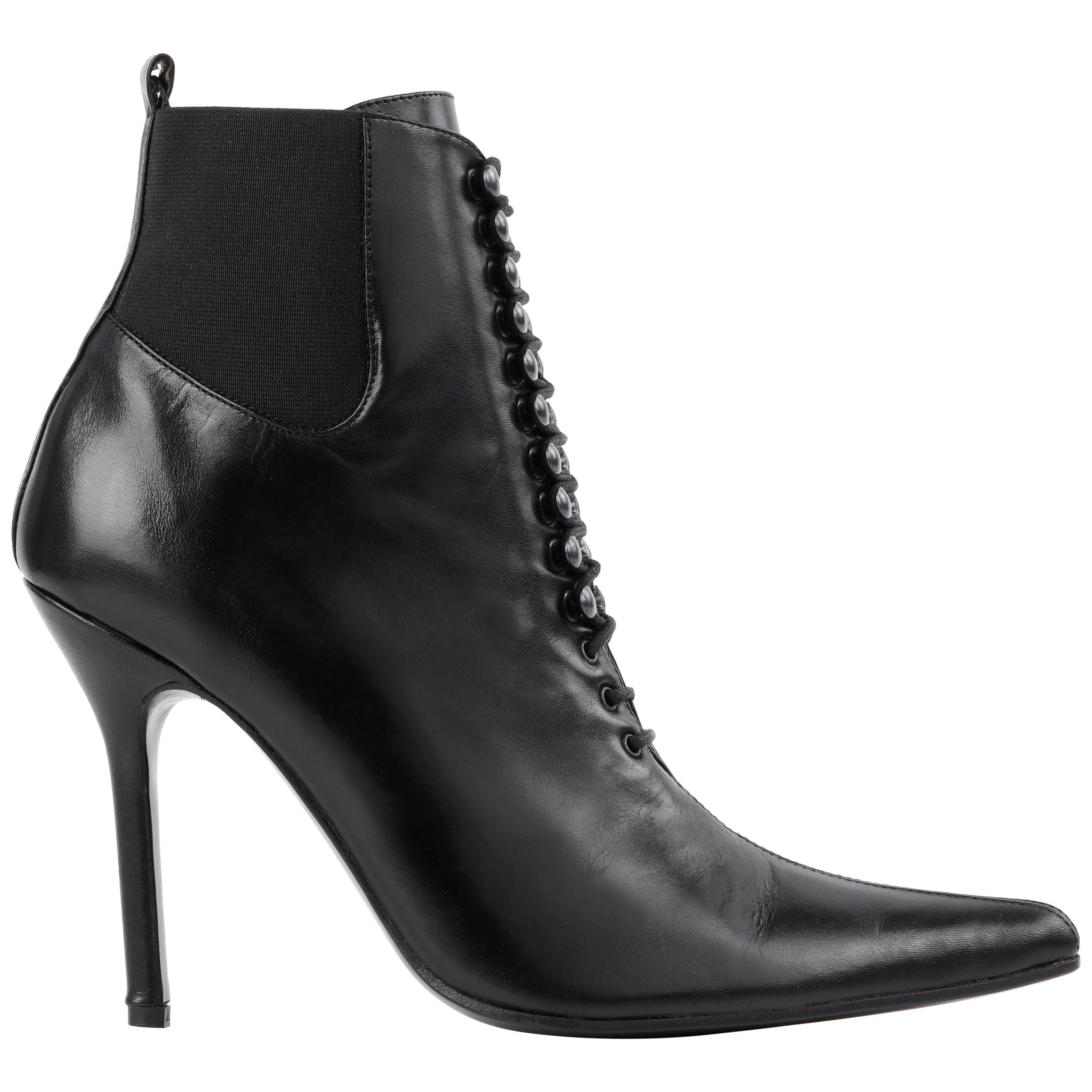 DOLCE & GABBANA “Tronchetto” Black Leather Lace Up Pointed Toe Booties Heels 