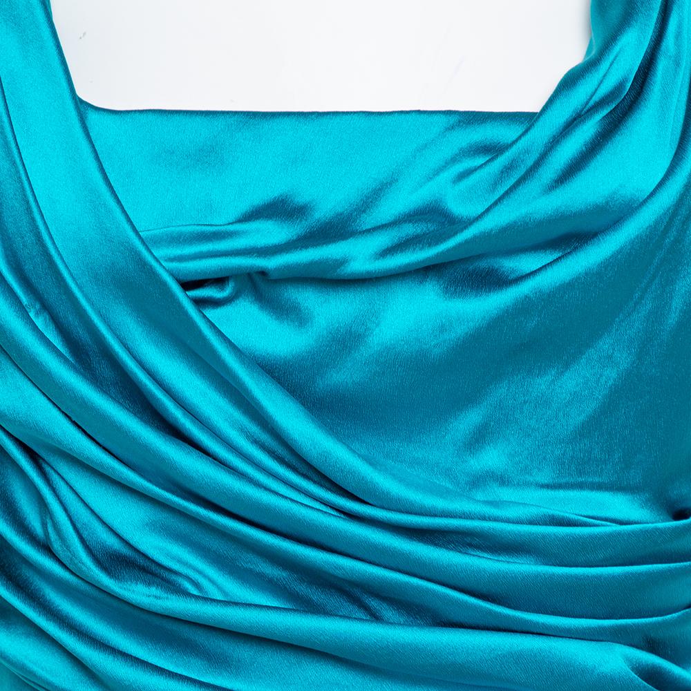Dolce & Gabbana Turquoise Blue Silk Satin Ruched Maxi Dress L 1