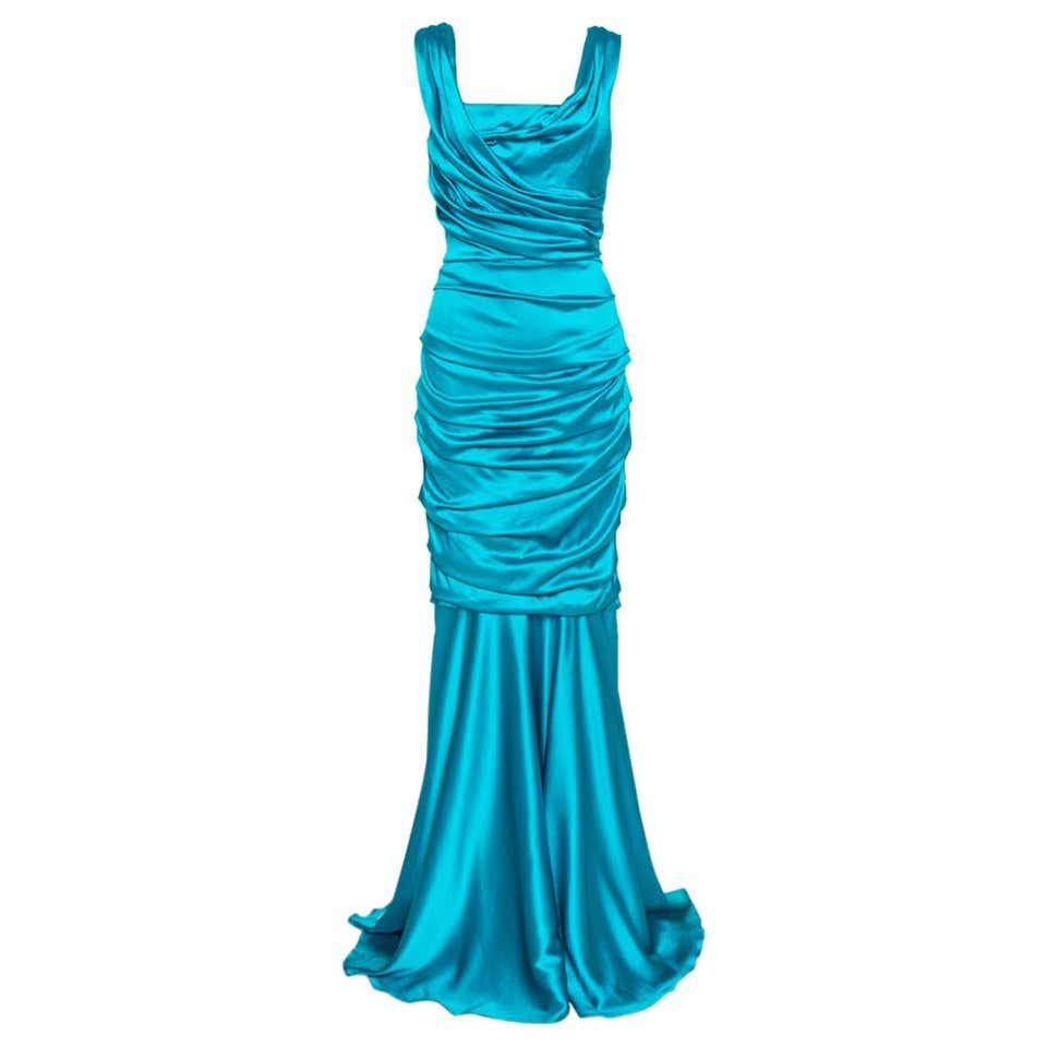 Dolce And Gabbana Turquoise Blue Silk Satin Ruched Maxi Dress L At 1stdibs Blue Silk Maxi